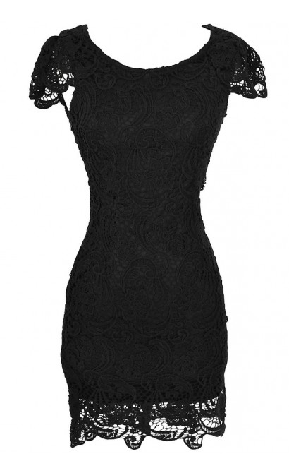 Nila Crochet Lace Capsleeve Pencil Dress in Black